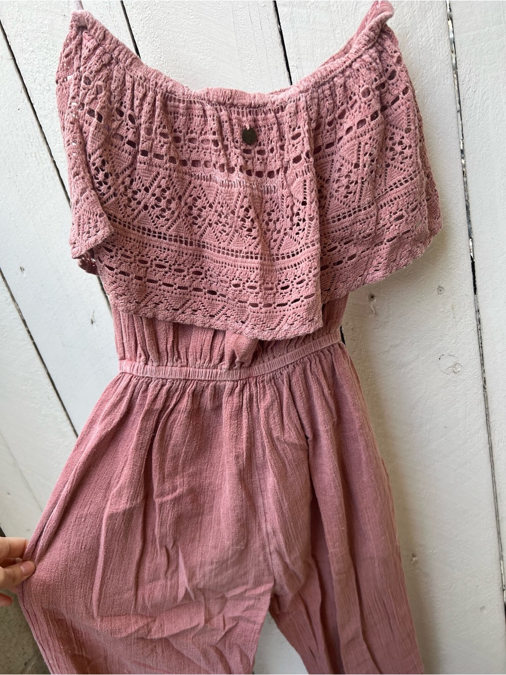 Billabong Pink Crochet Off-Shoulder Jumpsuit